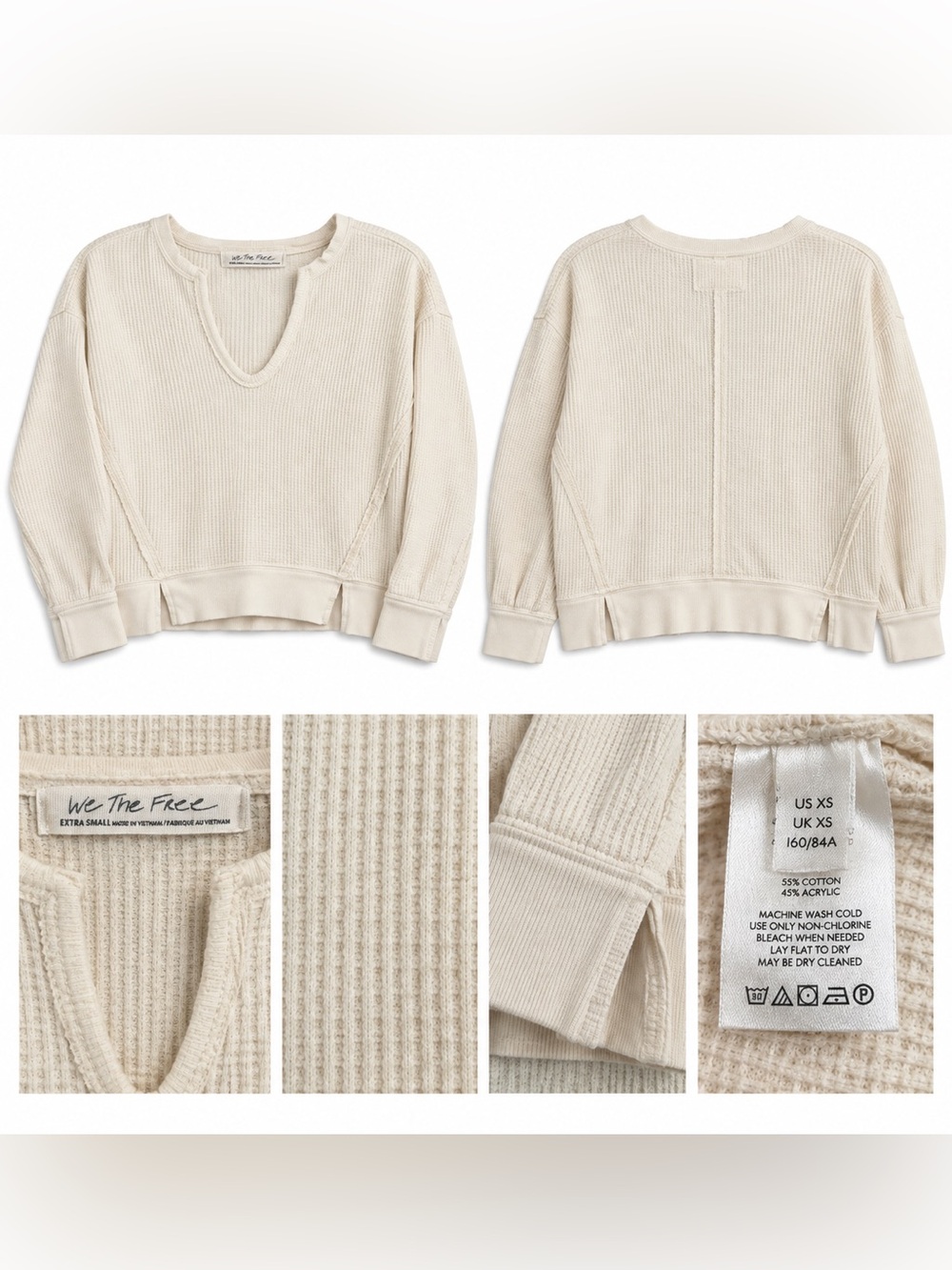 Free People We The Free XS Ivory Thermal Waffle Knit Split Neck Pullover Top